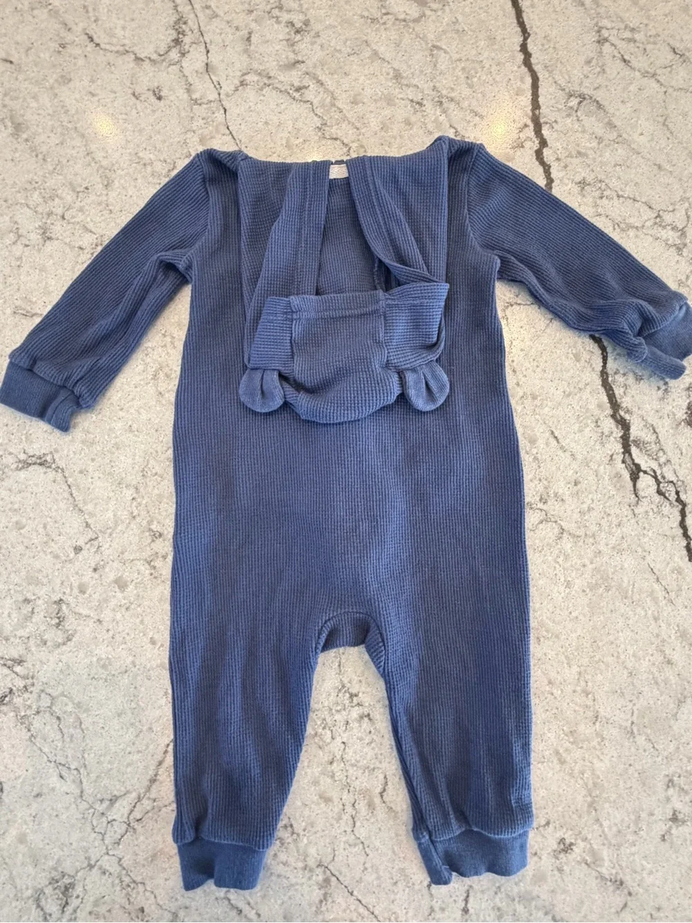 Carter’s Baby Blue Waffle Knit Hooded Romper Bear Ears Zip 9 Months
